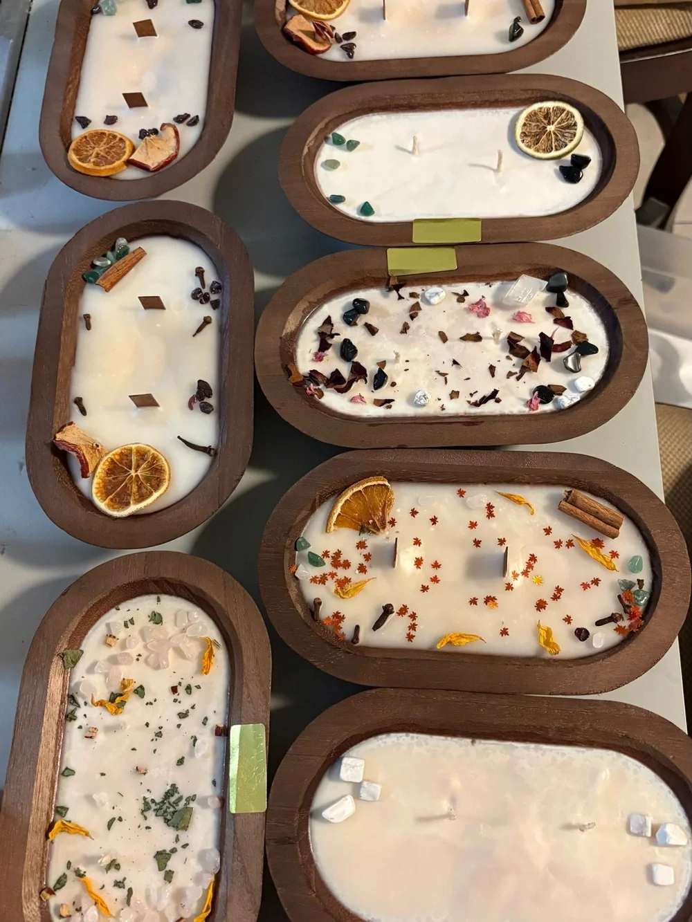 Handmade Scented Wooden Dough Bowl Soy Candles w/ Dried Botanicals and Crystals